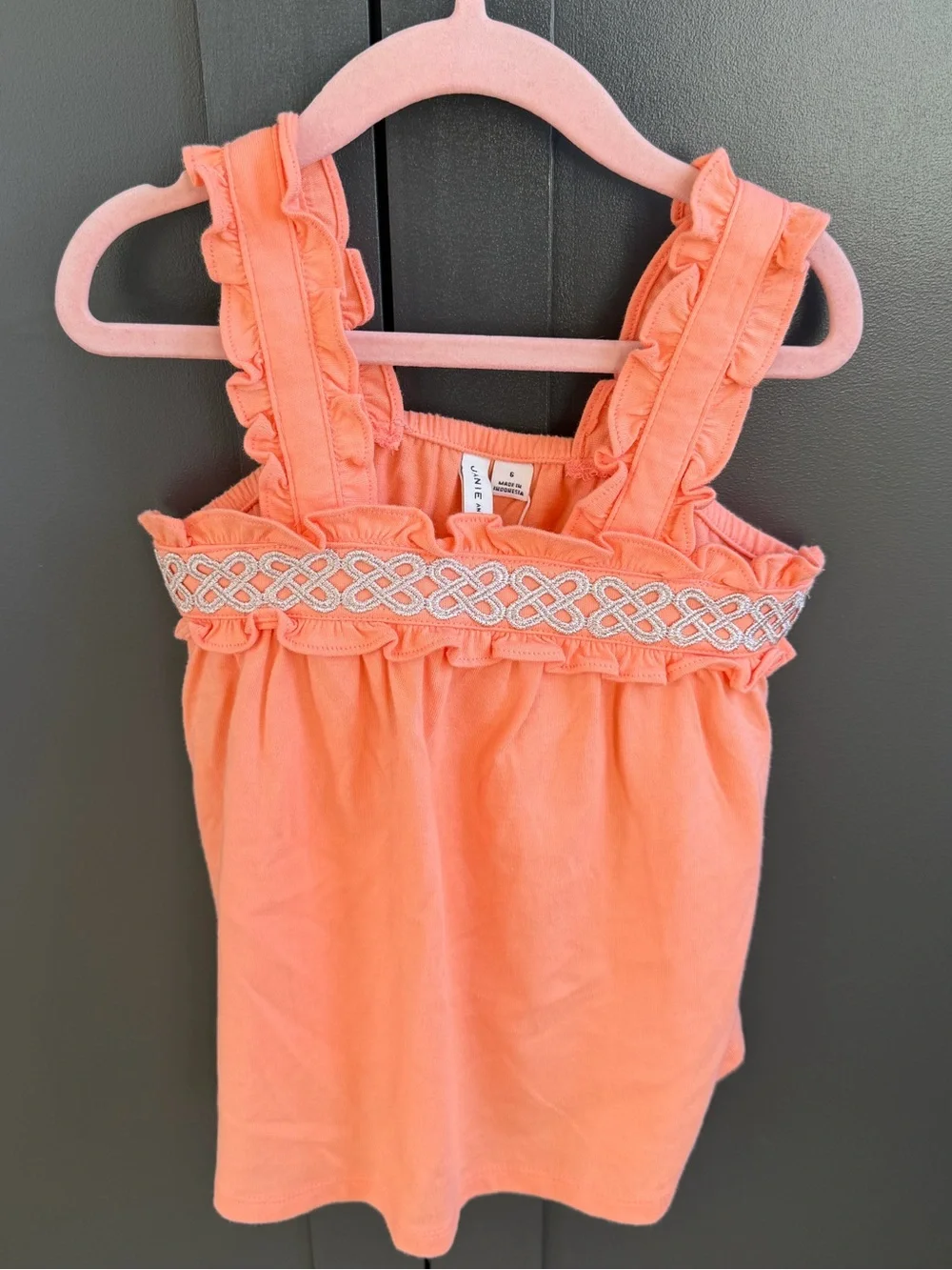 Janie and Jack Coral Ruffle Strap Cotton Tank with Embroidered Band